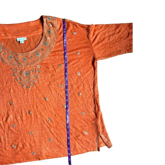 J. Jill Love Linen Shirt Blouse Top Sz Medium Orange Embroidered Sequin Boho - Picture 7 of 12
